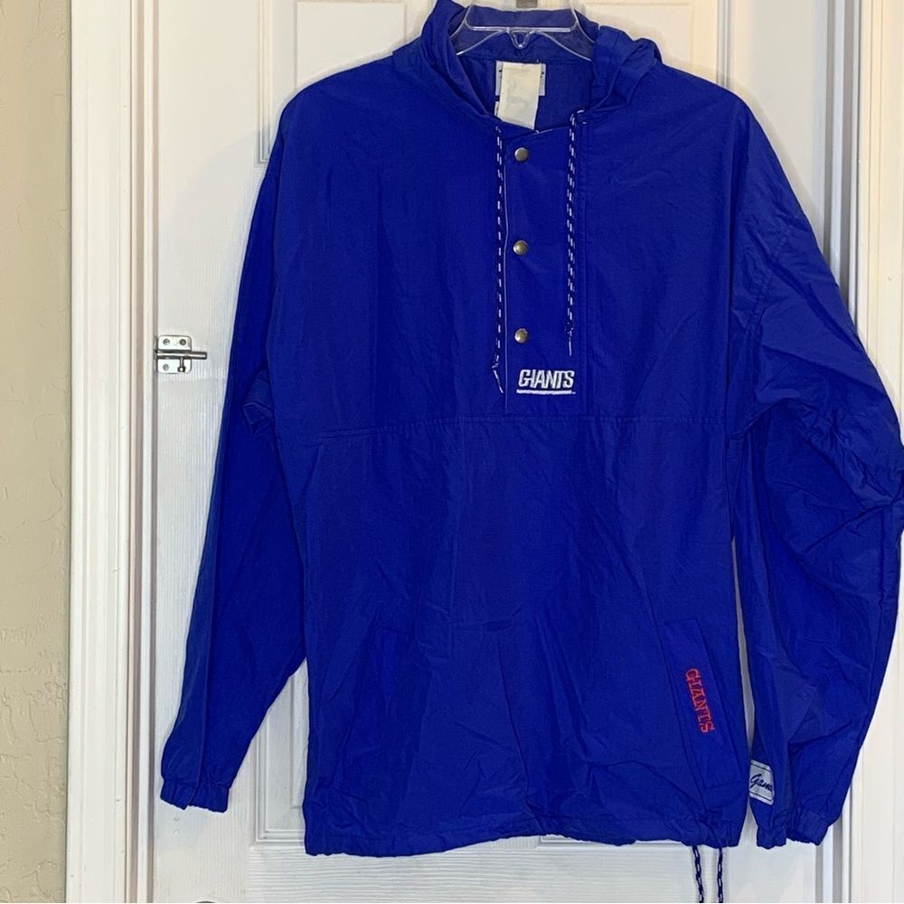 Vintage New York Giants Jacket Mens Blue Nylon The Game Football Hooded Size XL